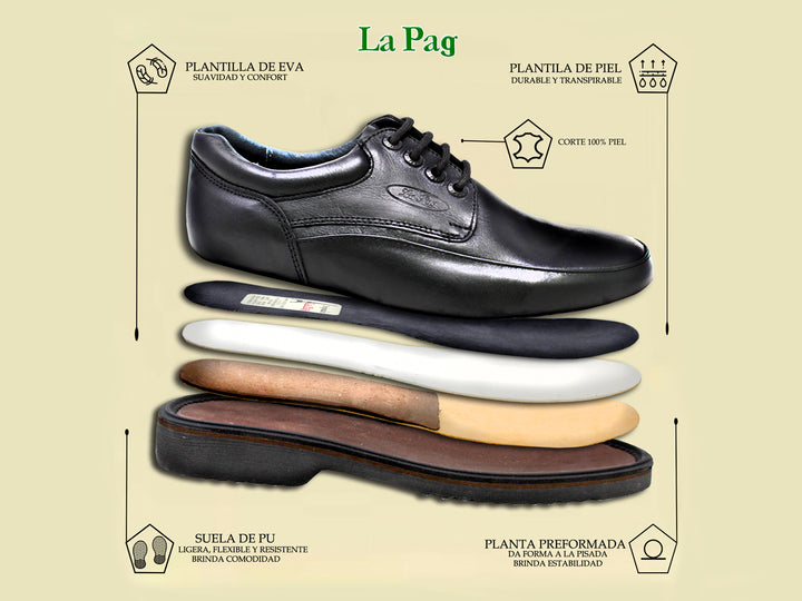 Par de zapatos casuales para hombre en color negro con textura de cuero y agujetas.