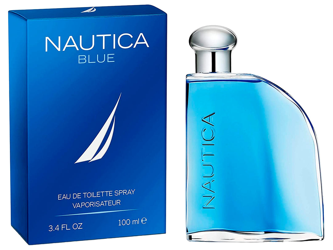 Botella de perfume Nautica Blue de vidrio azul junto a su caja azul rectangular.