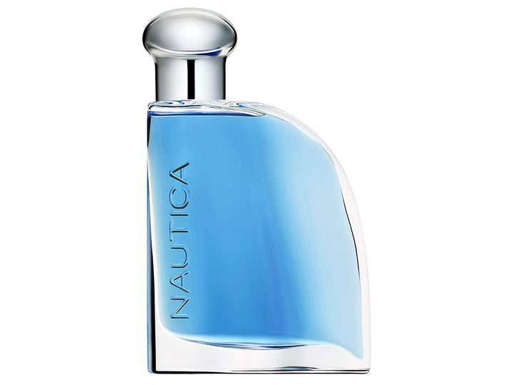 Botella de perfume Nautica Blue de vidrio azul junto a su caja azul rectangular.