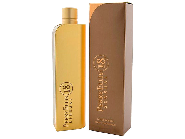 Botella de perfume Perry Ellis 18 Sensual en color dorado junto a su caja de cartón marrón.