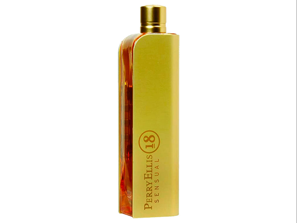 Botella de perfume Perry Ellis 18 Sensual en color dorado junto a su caja de cartón marrón.