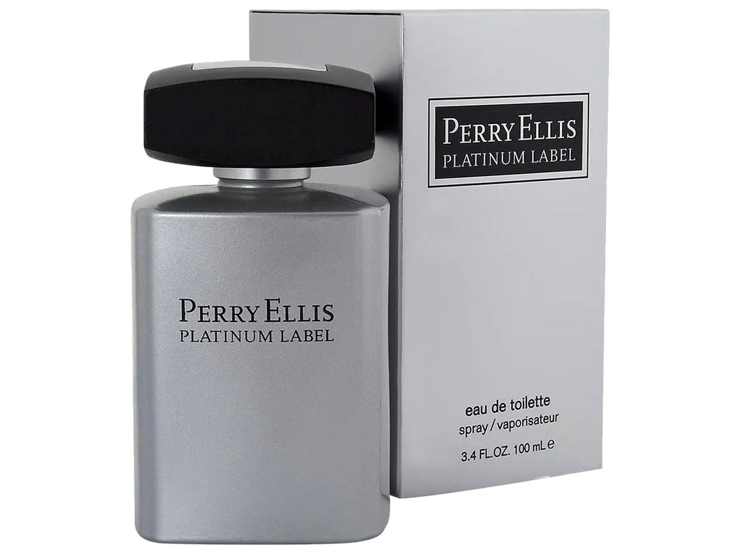 Frasco y caja de perfume Perry Ellis Platinum Label en color gris mate con tapa negra.