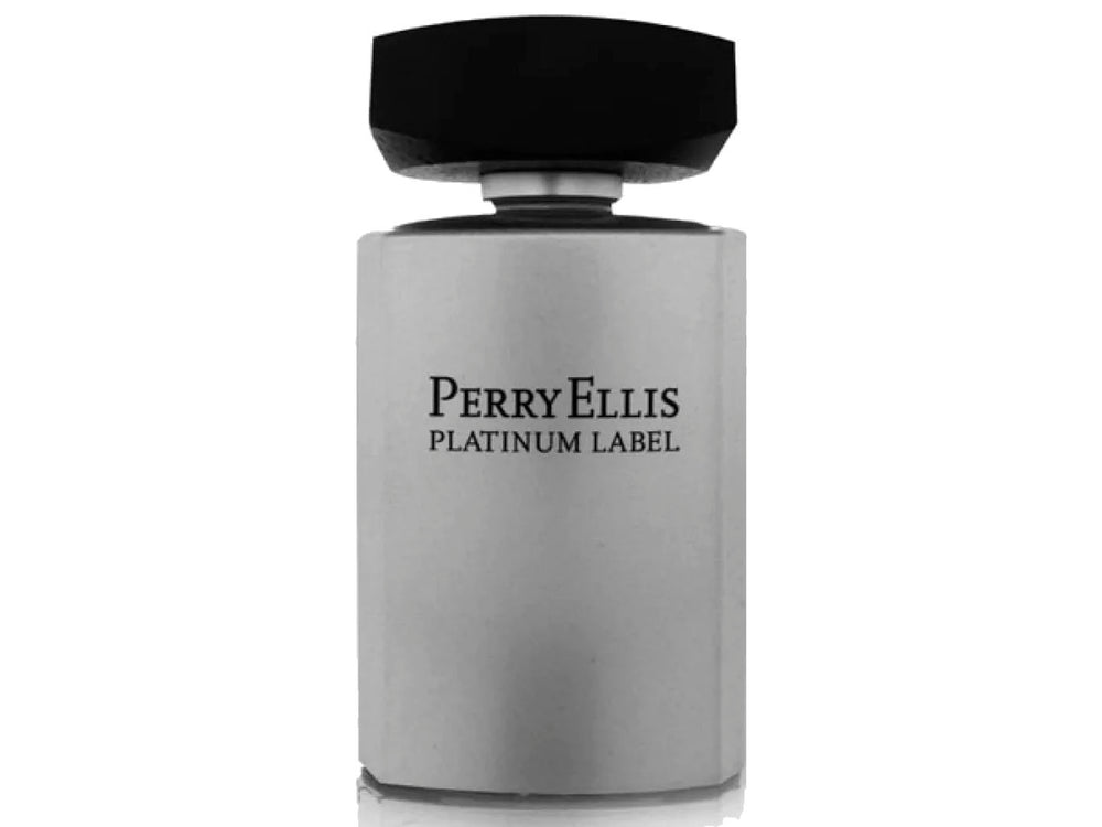 Frasco y caja de perfume Perry Ellis Platinum Label en color gris mate con tapa negra.