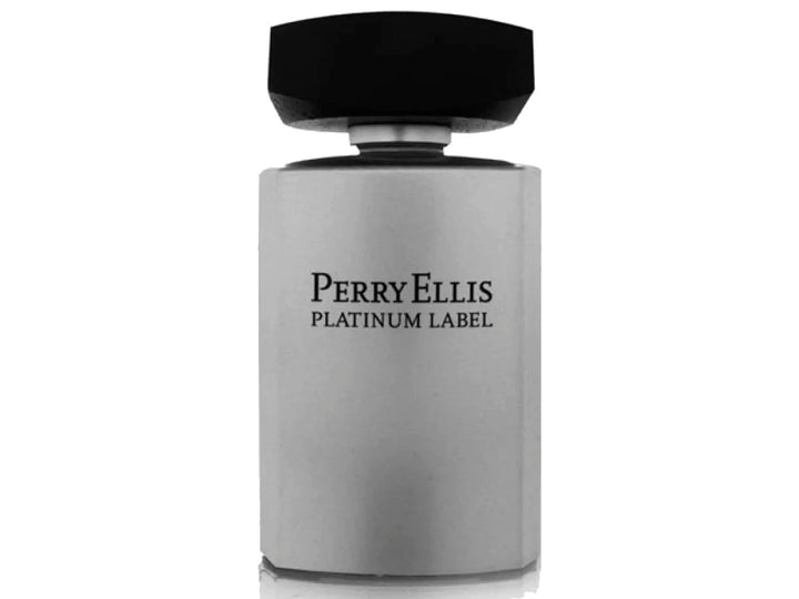 Frasco y caja de perfume Perry Ellis Platinum Label en color gris mate con tapa negra.