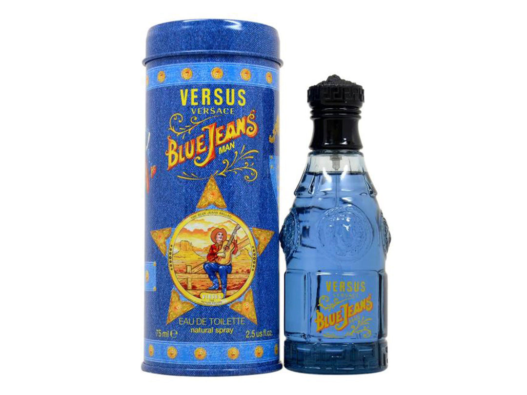 Botella de perfume Versace Blue Jeans en color azul junto a su empaque cilíndrico.