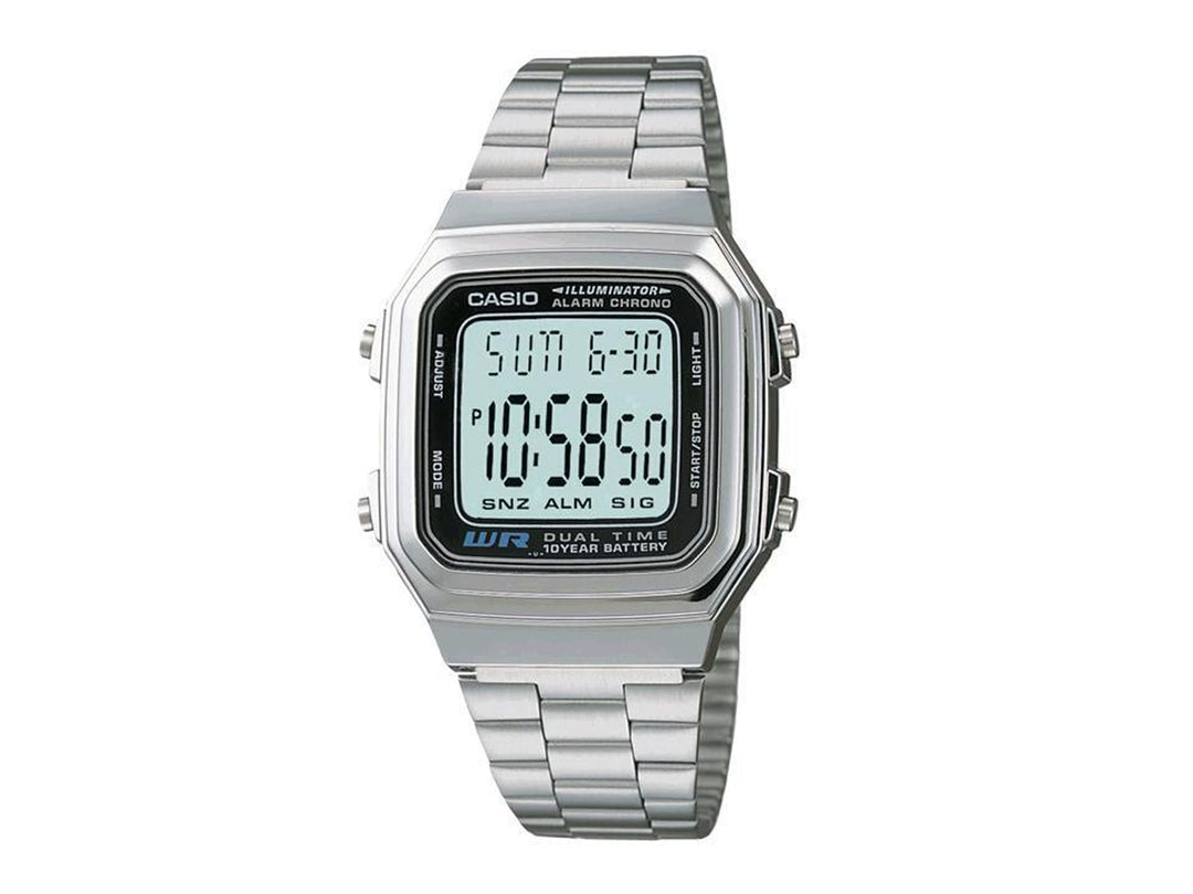 Reloj digital Casio A-178WA para hombre en color plata con correa de metal y pantalla rectangular.