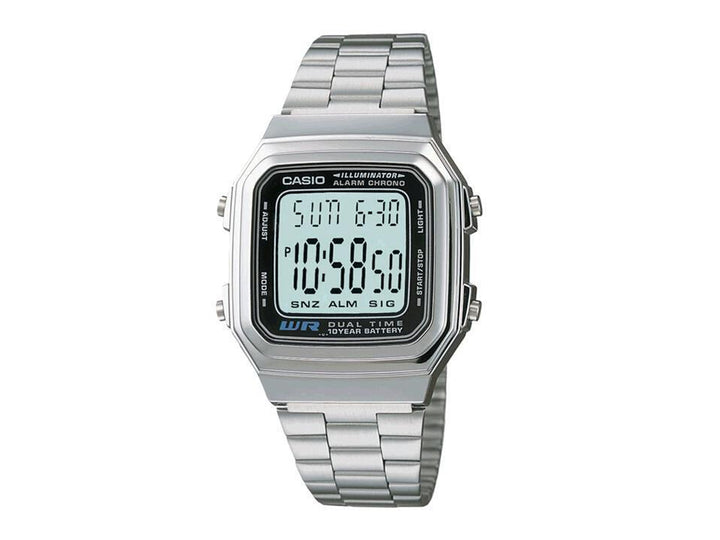 Reloj digital Casio A-178WA para hombre en color plata con correa de metal y pantalla rectangular.