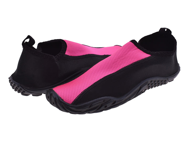 Zapatos acuáticos Luva en color negro con franja fucsia, diseño deportivo para mujer.
