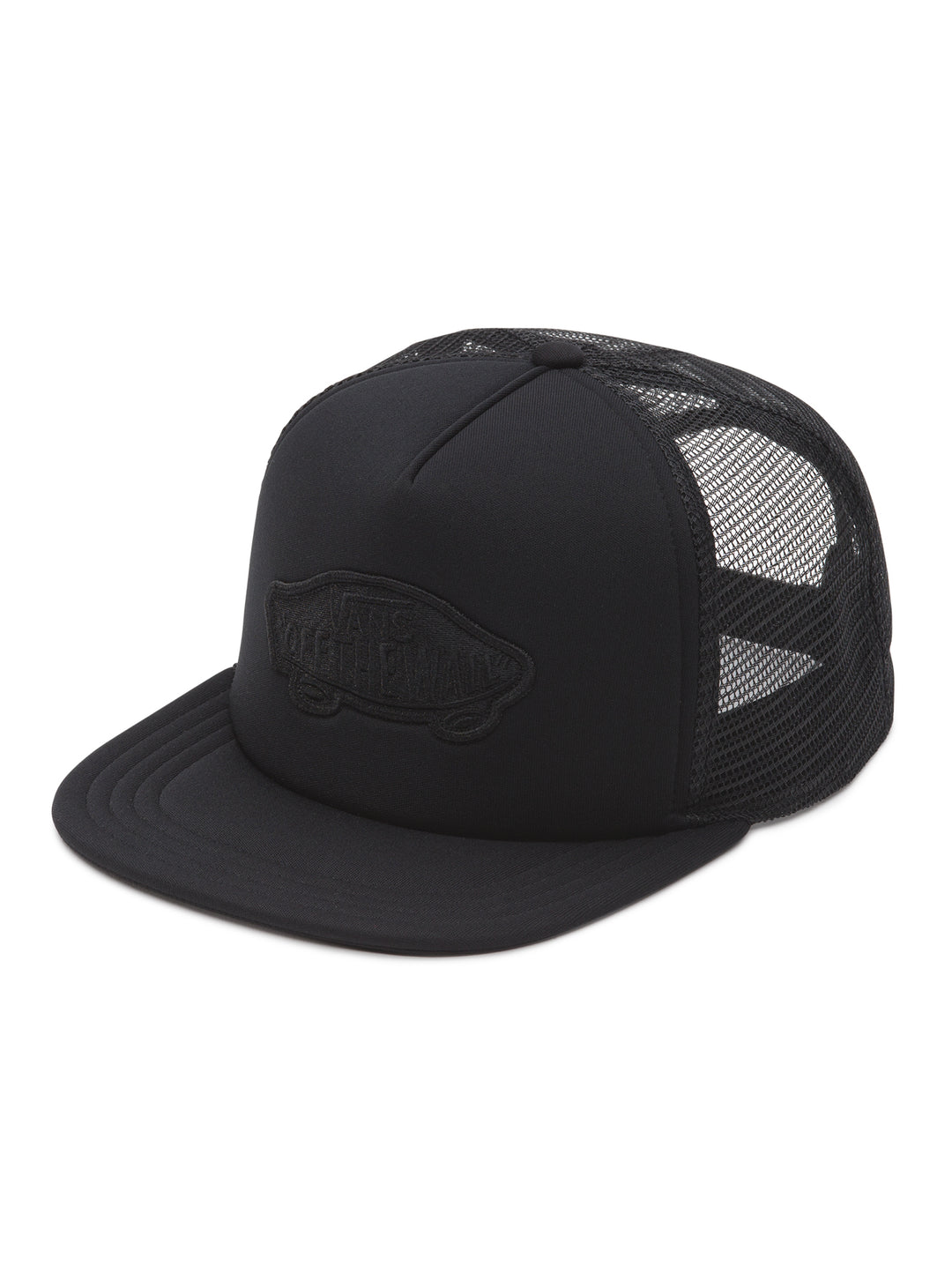 Gorra snapback color negro de la marca VANS con logotipo bordado en el frente y laterales de malla.