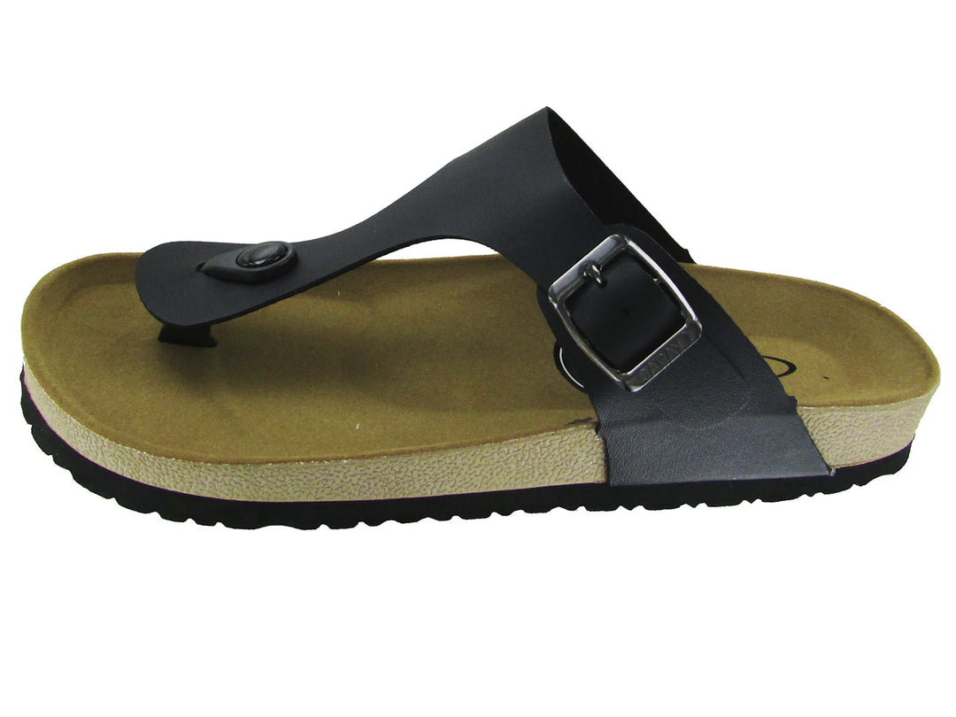 Sandalias negras para mujer con plantilla color olivo y hebilla metálica.