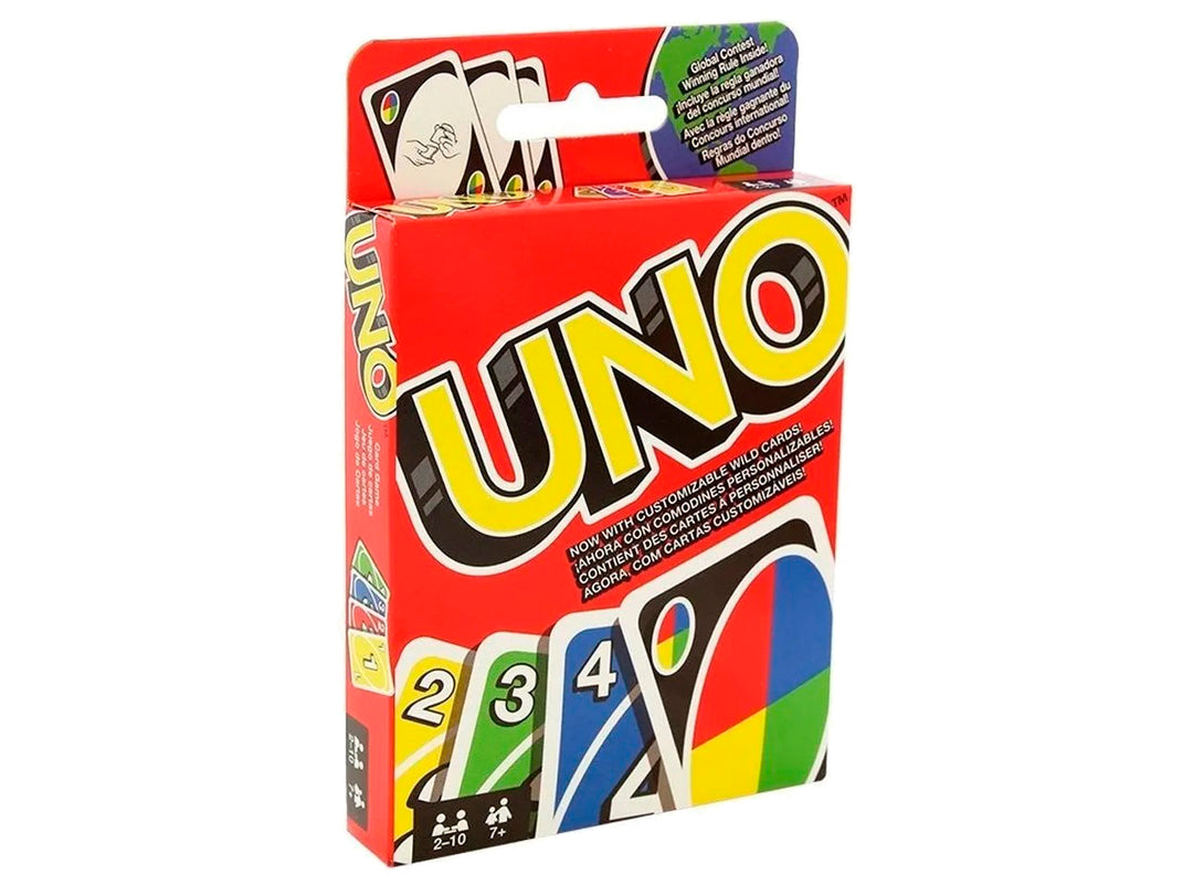 Caja roja del juego de cartas UNO de Mattel con ilustraciones de cartas coloridas y números.