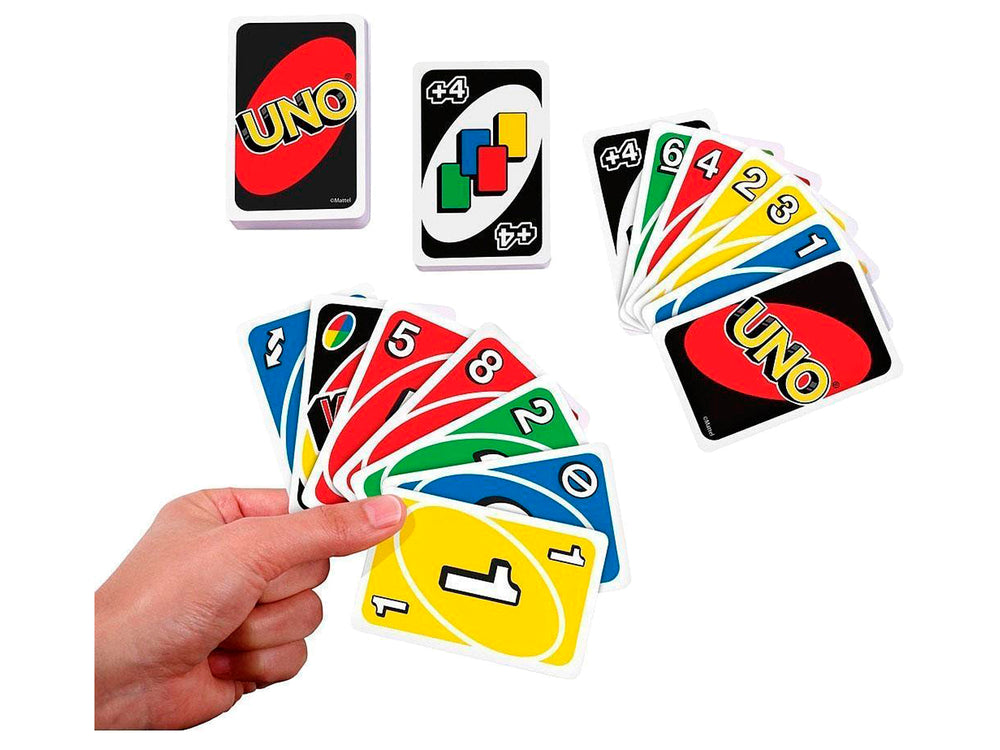 Caja roja del juego de cartas UNO de Mattel con ilustraciones de cartas coloridas y números.