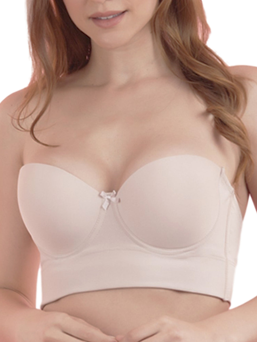 Mujer vistiendo un brasier strapless color nude con un pequeño moño decorativo al centro.