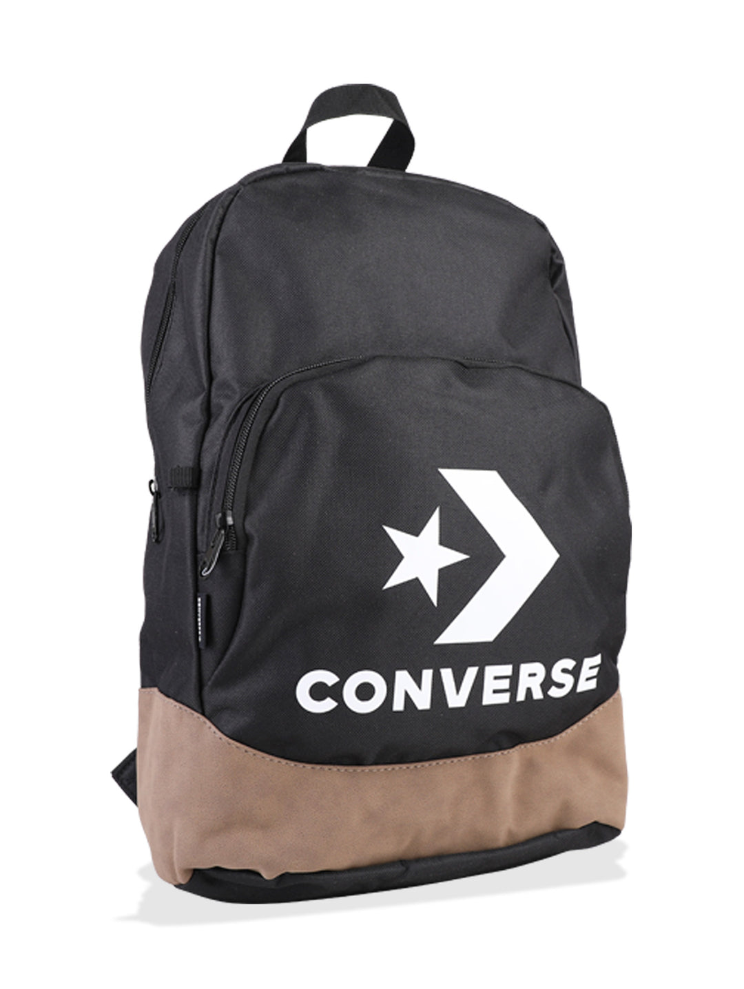Mochila escolar Converse color negro con base café y logotipo blanco en el frente.