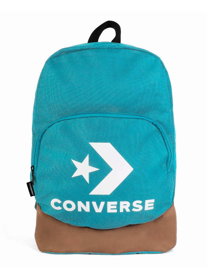 Mochila escolar Converse color azul turquesa y marrón con logotipo blanco frontal.