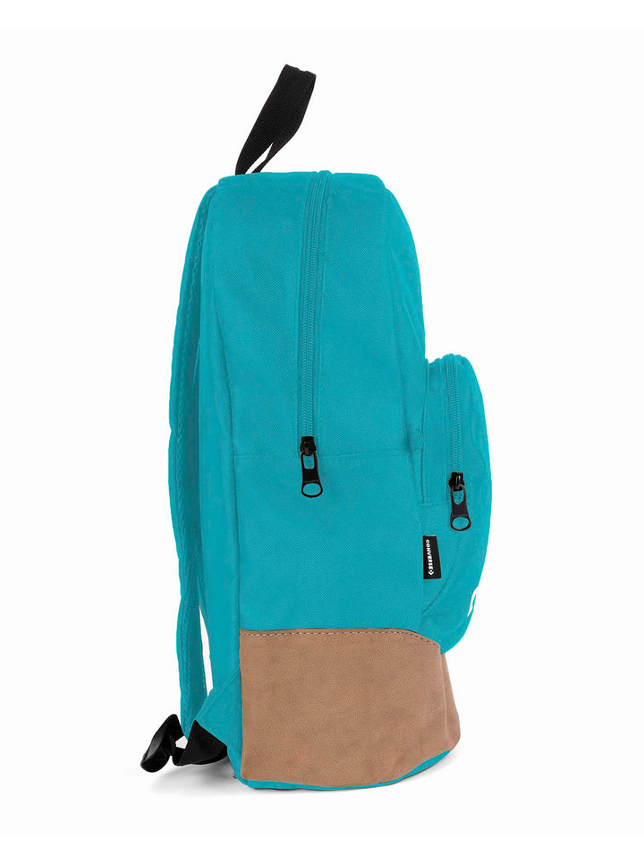 Mochila escolar Converse color azul turquesa y marrón con logotipo blanco frontal.