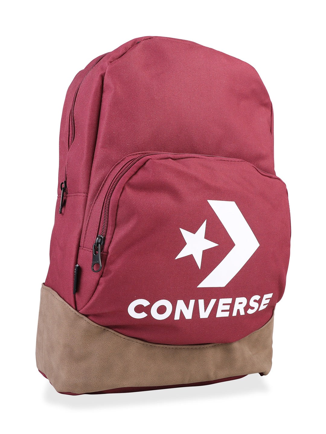 Mochila escolar Converse color vino con base café y logotipo blanco frontal.