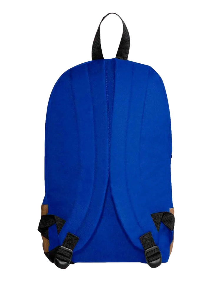 Mochila Converse color azul rey con base café y logotipo blanco frontal.