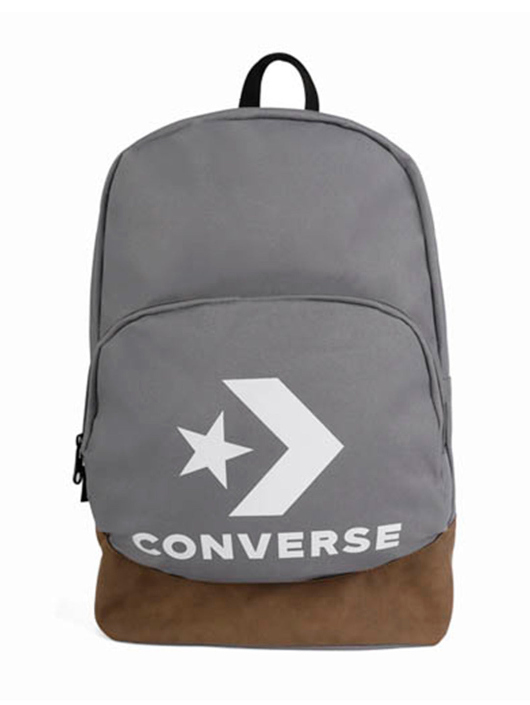 Mochila escolar Converse color gris con base marrón y logotipo blanco frontal.