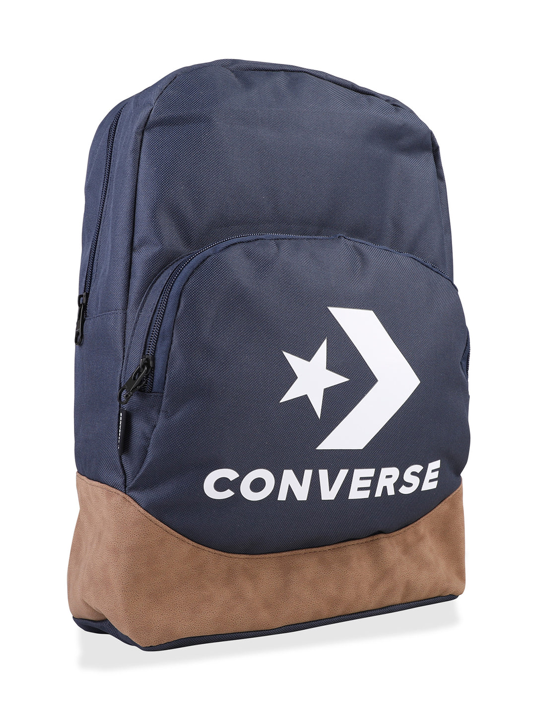 Mochila escolar Converse color azul marino con base café y logotipo blanco.