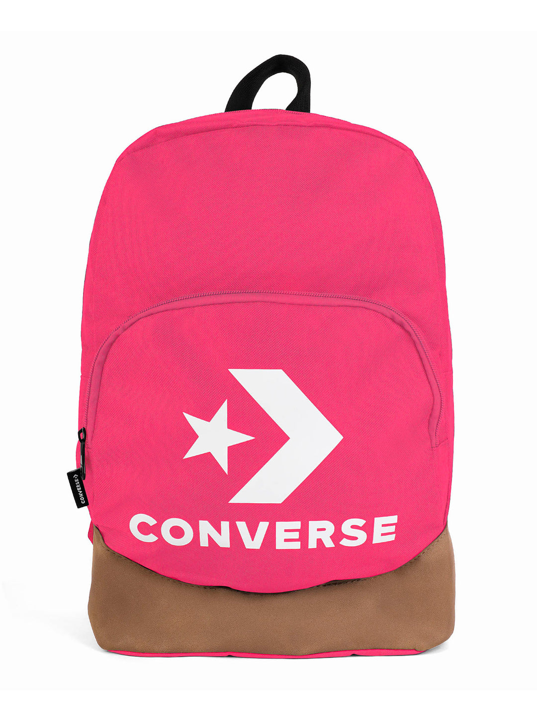 Mochila Converse de color fucsia con base marrón y logotipo blanco en el frente.