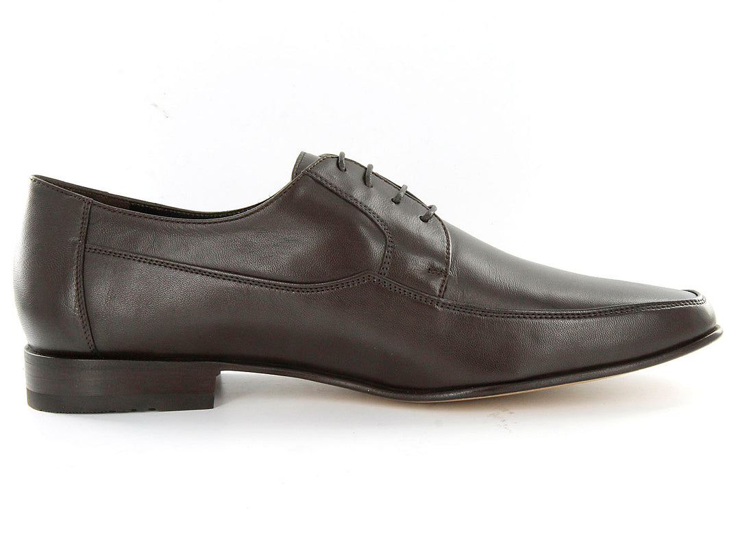 Zapatos planos de cuero color café oscuro para hombre con cordones y acabado liso.