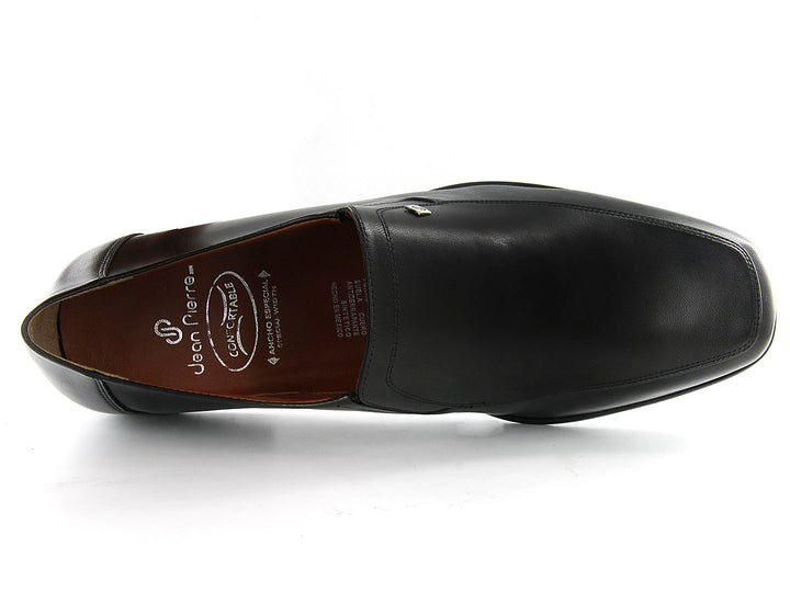 Zapatos negros de cuero para hombre, estilo slip-on elegante con acabado brillante y detalle metálico.