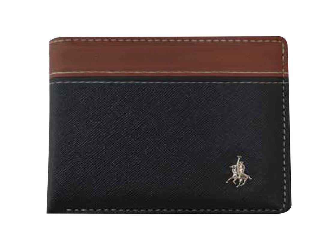 Cartera negra con detalle superior en color café y logo dorado.