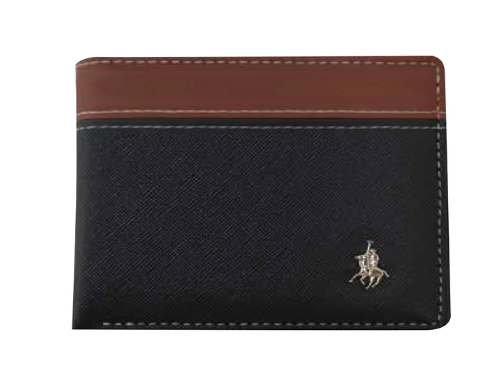 Cartera negra con detalle superior en color café y logo dorado.