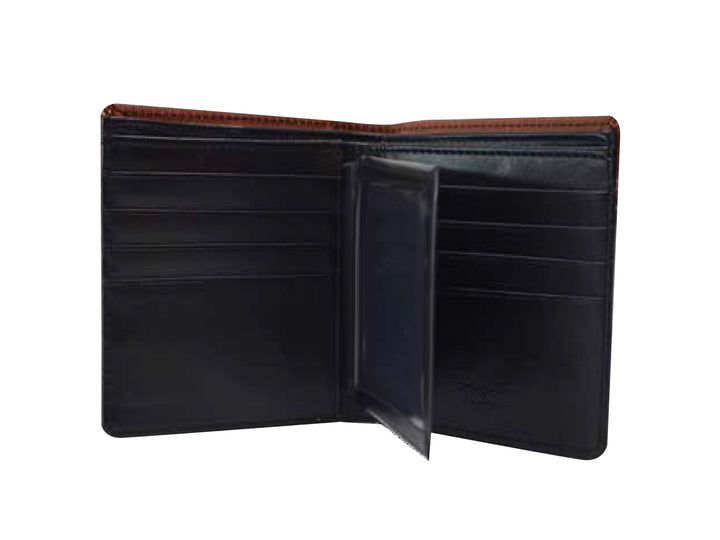 Cartera negra con detalle superior en color café y logo dorado.