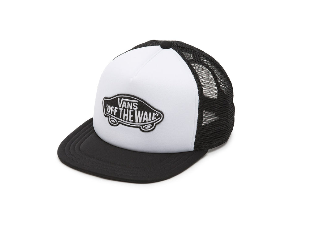 Gorra trucker Vans en colores blanco y negro con parche central 'Off The Wall'.