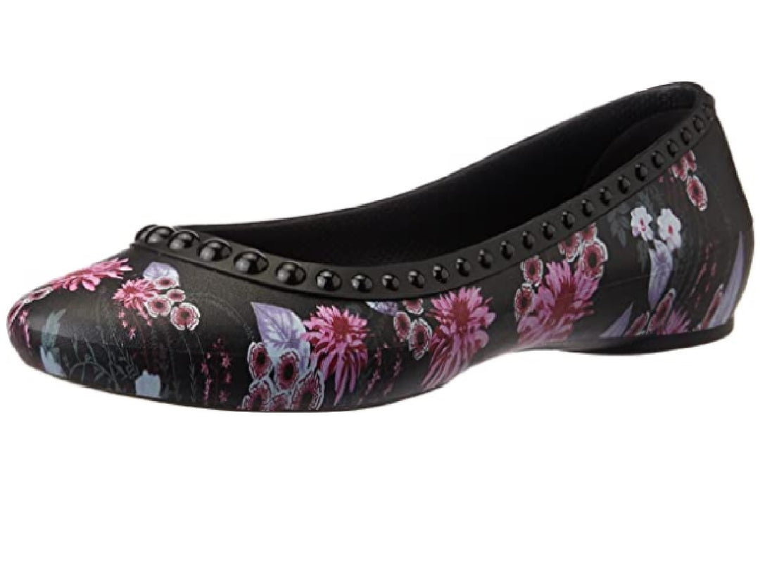 Zapatos planos Crocs Luxe para mujer en color negro con estampado floral en tonos plum.