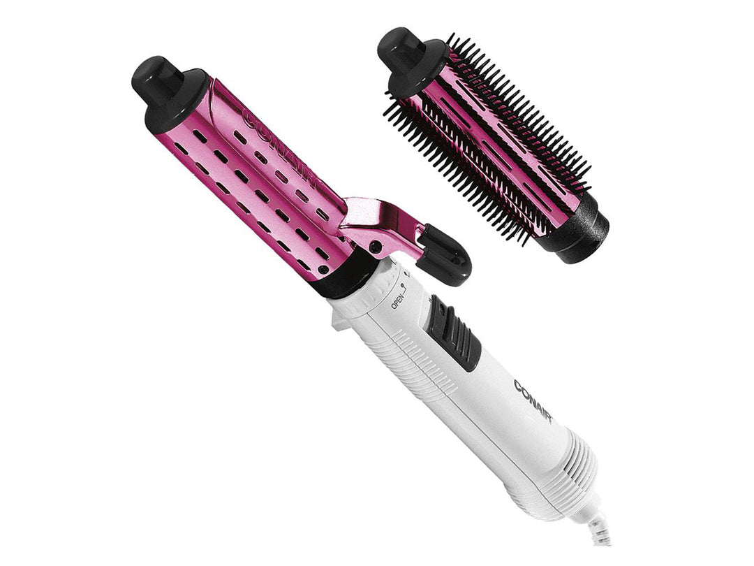 Cepillo electrónico Conair blanco y rosa con dos cabezales intercambiables.