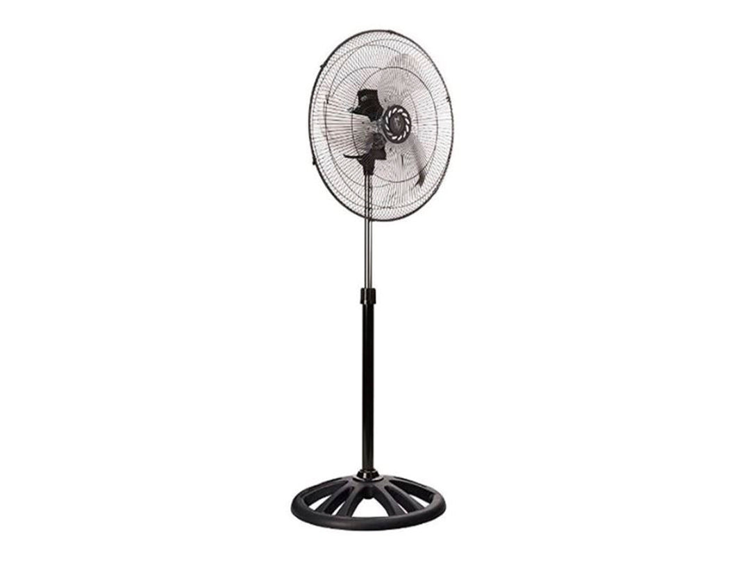 Ventilador de pedestal color negro con rejilla circular y base redonda.