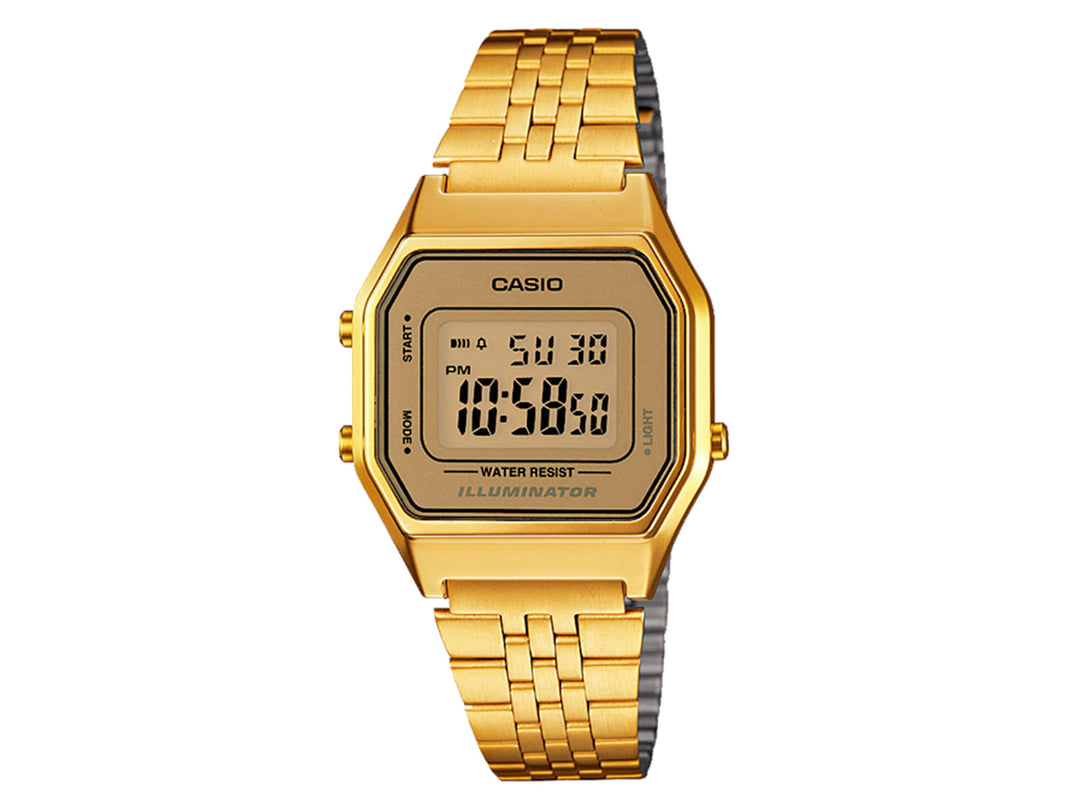 Reloj digital Casio LA-680W para mujer en color dorado con correa de eslabones metálicos.
