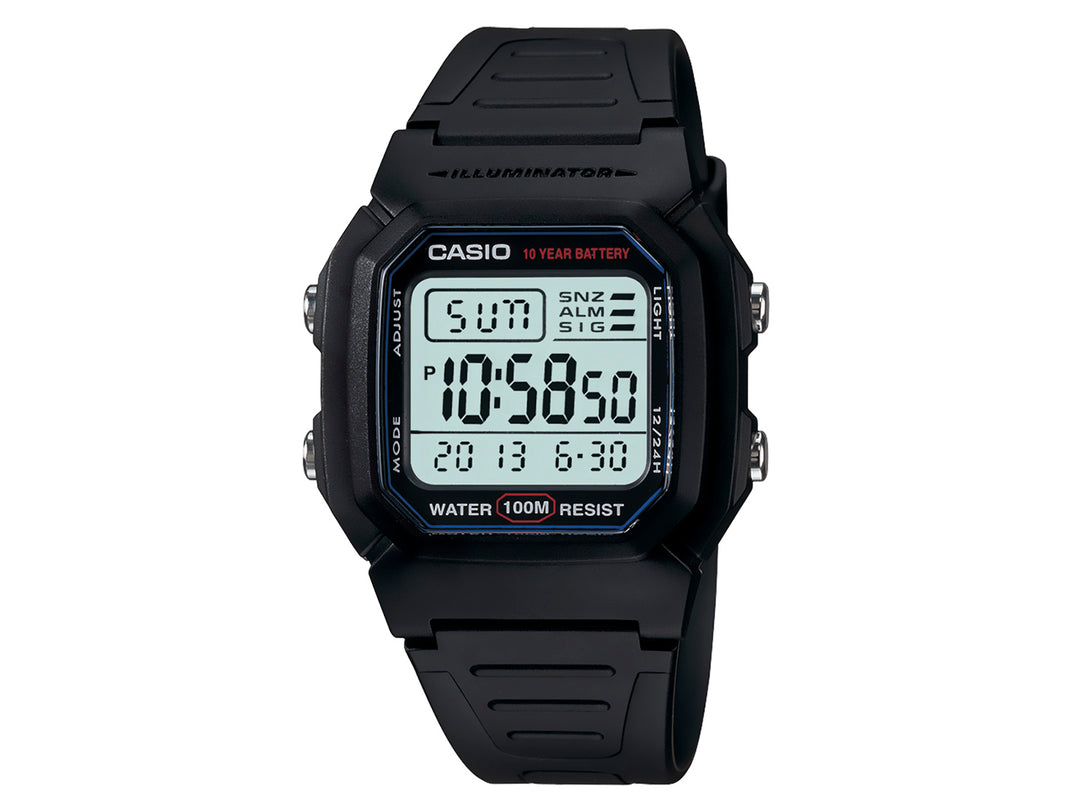 Reloj digital Casio W-800H para hombre en color negro con correa de resina y pantalla digital blanca.
