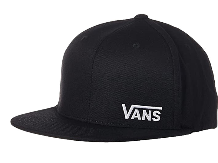 Gorra de béisbol color negro con visera plana y logotipo de VANS bordado en blanco al frente.