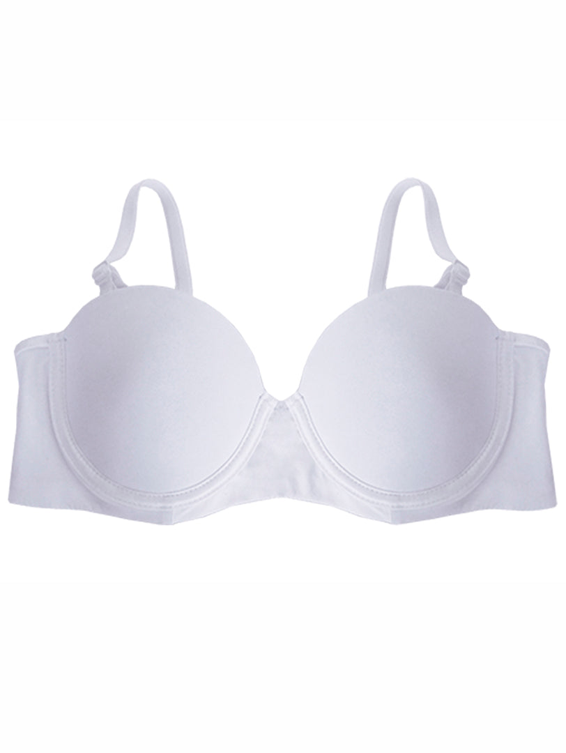 Sostén blanco para mujer con tirantes y copas lisas sobre fondo blanco.