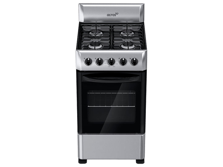 Estufa Acros color plata con cuatro quemadores superiores y horno integrado con puerta de vidrio negro.