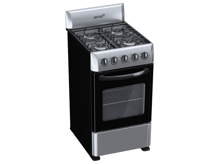 Estufa Acros color plata con cuatro quemadores superiores y horno integrado con puerta de vidrio negro.