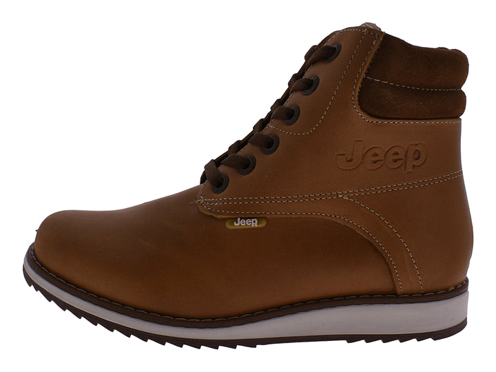 Botas Jeep Montana para mujer en color miel con cuello marrón y suela blanca.