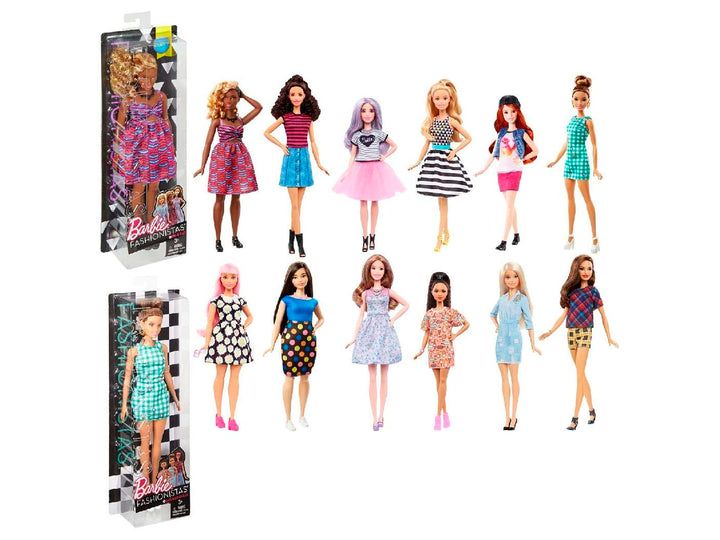 Muñeca Barbie Fashionistas con vestido a cuadros verde y blanco en su empaque.