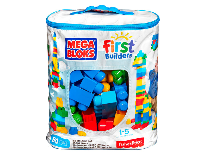 Bolsa de almacenamiento blanca con bloques de construcción multicolores Mega Bloks First Builders.