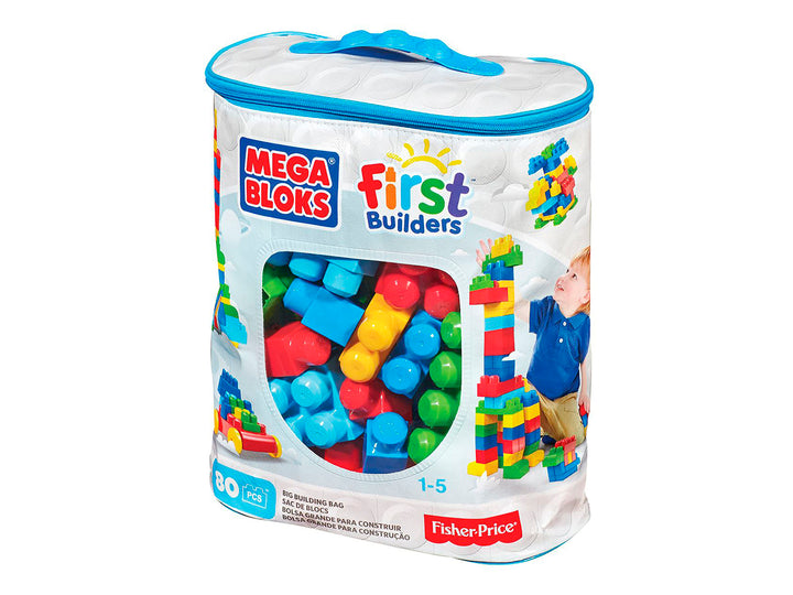 Bolsa de almacenamiento blanca con bloques de construcción multicolores Mega Bloks First Builders.