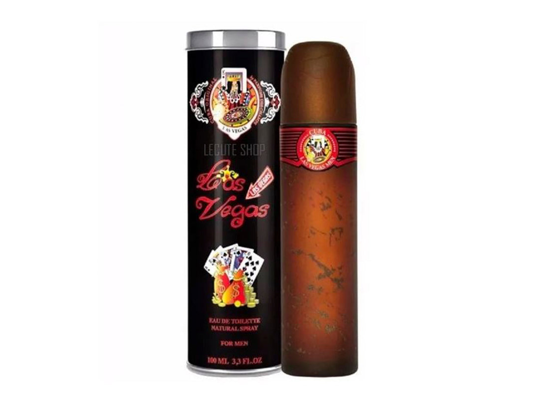Perfume Cuba Las Vegas para hombre con botella marrón y empaque cilíndrico negro.