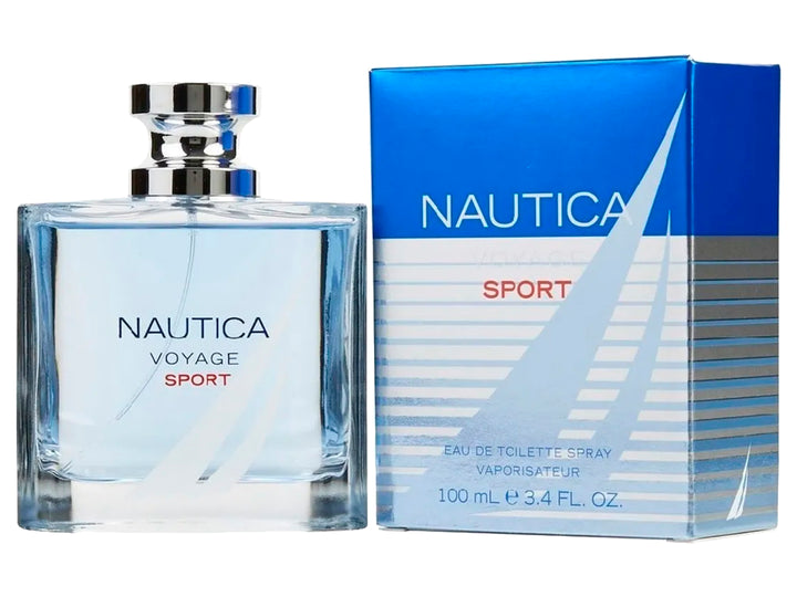 Botella de perfume Nautica Voyage Sport transparente junto a su caja azul y blanca.