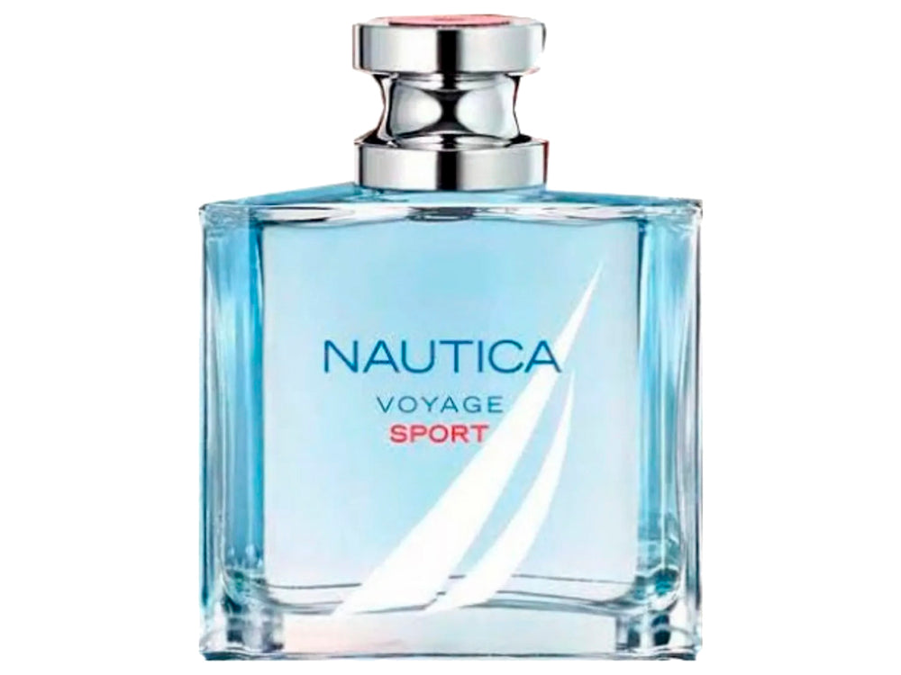 Botella de perfume Nautica Voyage Sport transparente junto a su caja azul y blanca.