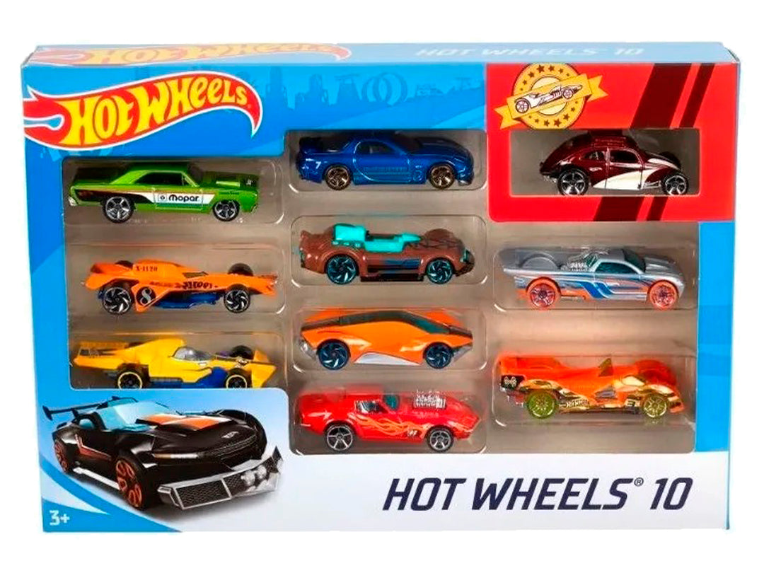 Set de 10 carritos Hot Wheels de Mattel en empaque transparente con diversos colores y modelos.