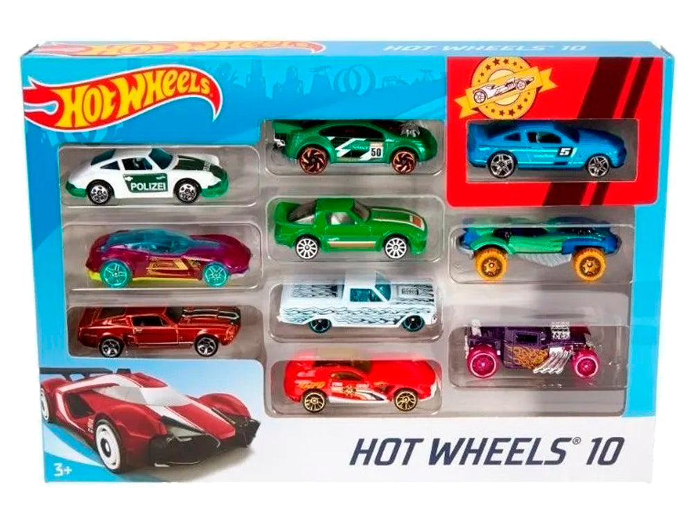 Set de 10 carritos Hot Wheels de Mattel en empaque transparente con diversos colores y modelos.