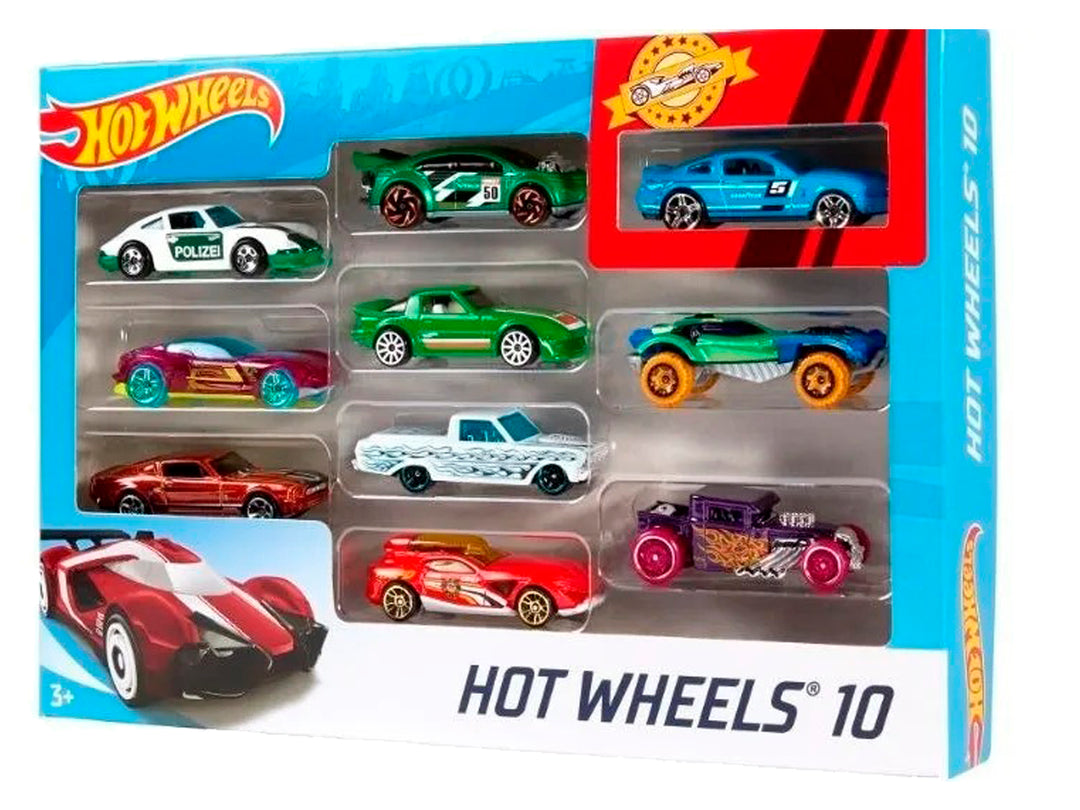 Set de 10 carritos Hot Wheels de Mattel en empaque transparente con diversos colores y modelos.